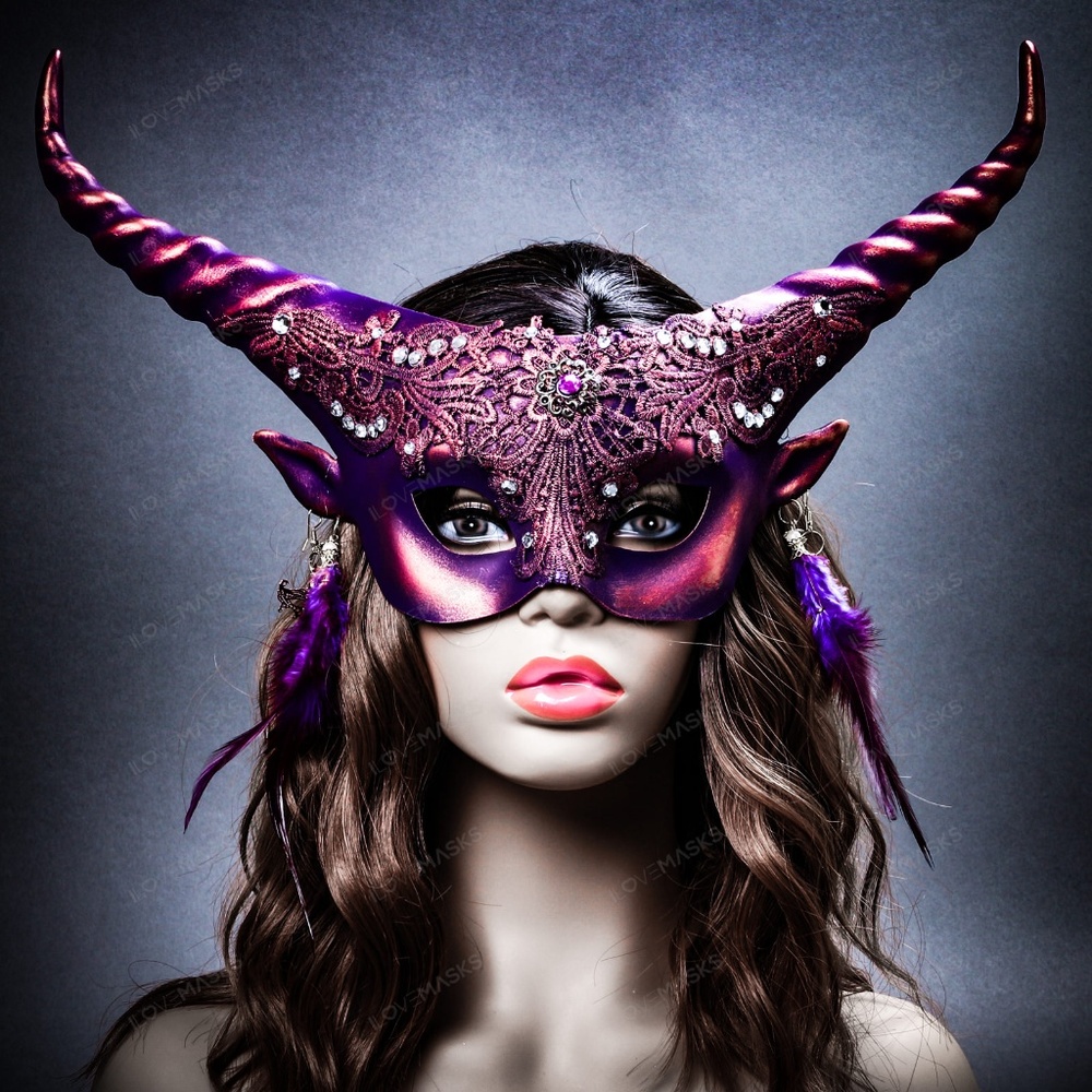 Krampus Horn Lace Animal Devil Women Mask - Purple